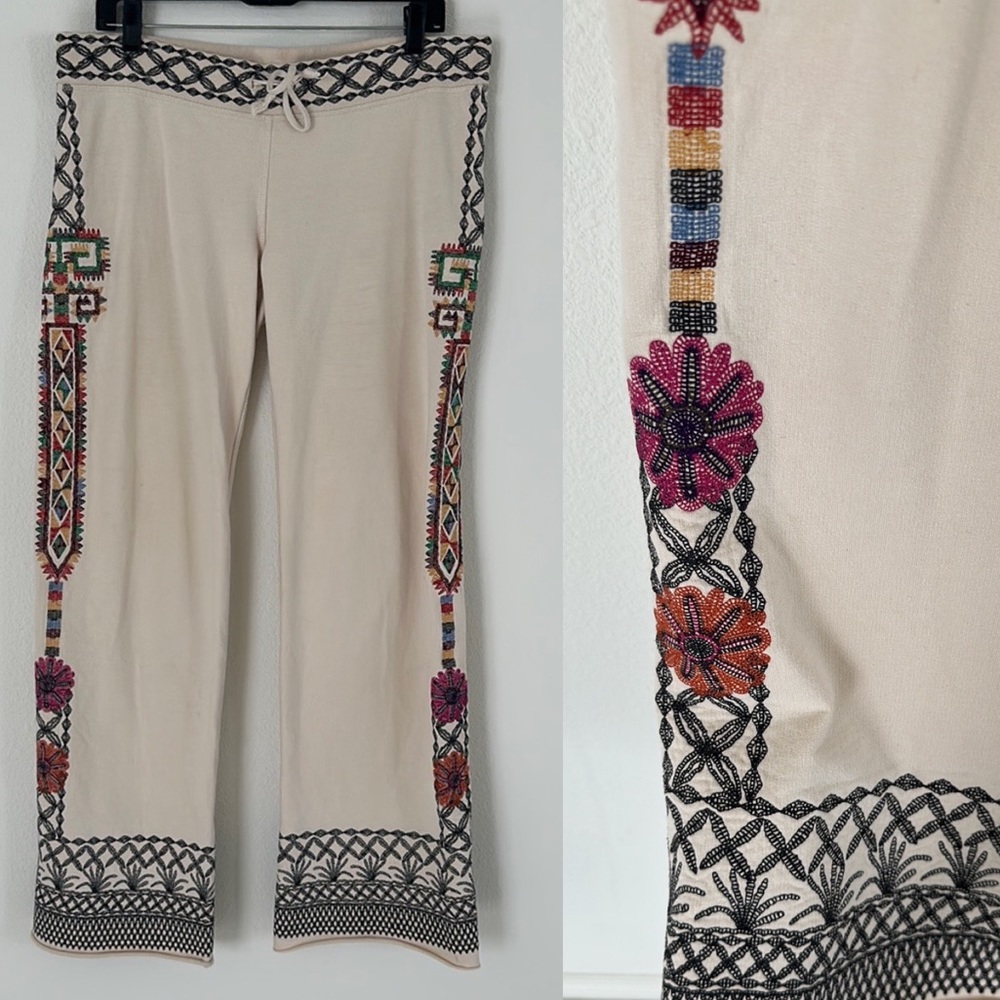 Lucky Brand Cream Straight Leg Pants with Multicolor Embroidery